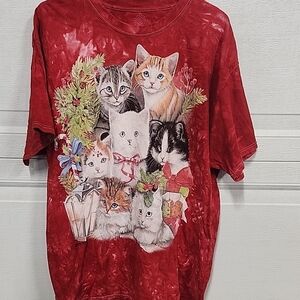 The Mountain Red Christmas Cat Tee T-Shirt Sz XL Party Funny Unique Tie Dye